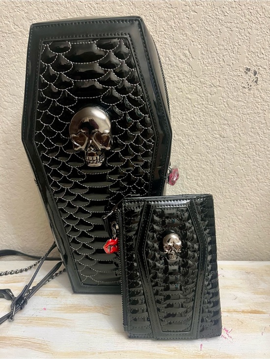 Betsey Johnson Handbags - Betsy Johnson Black Patent Coffin Backpack purse and wallet
